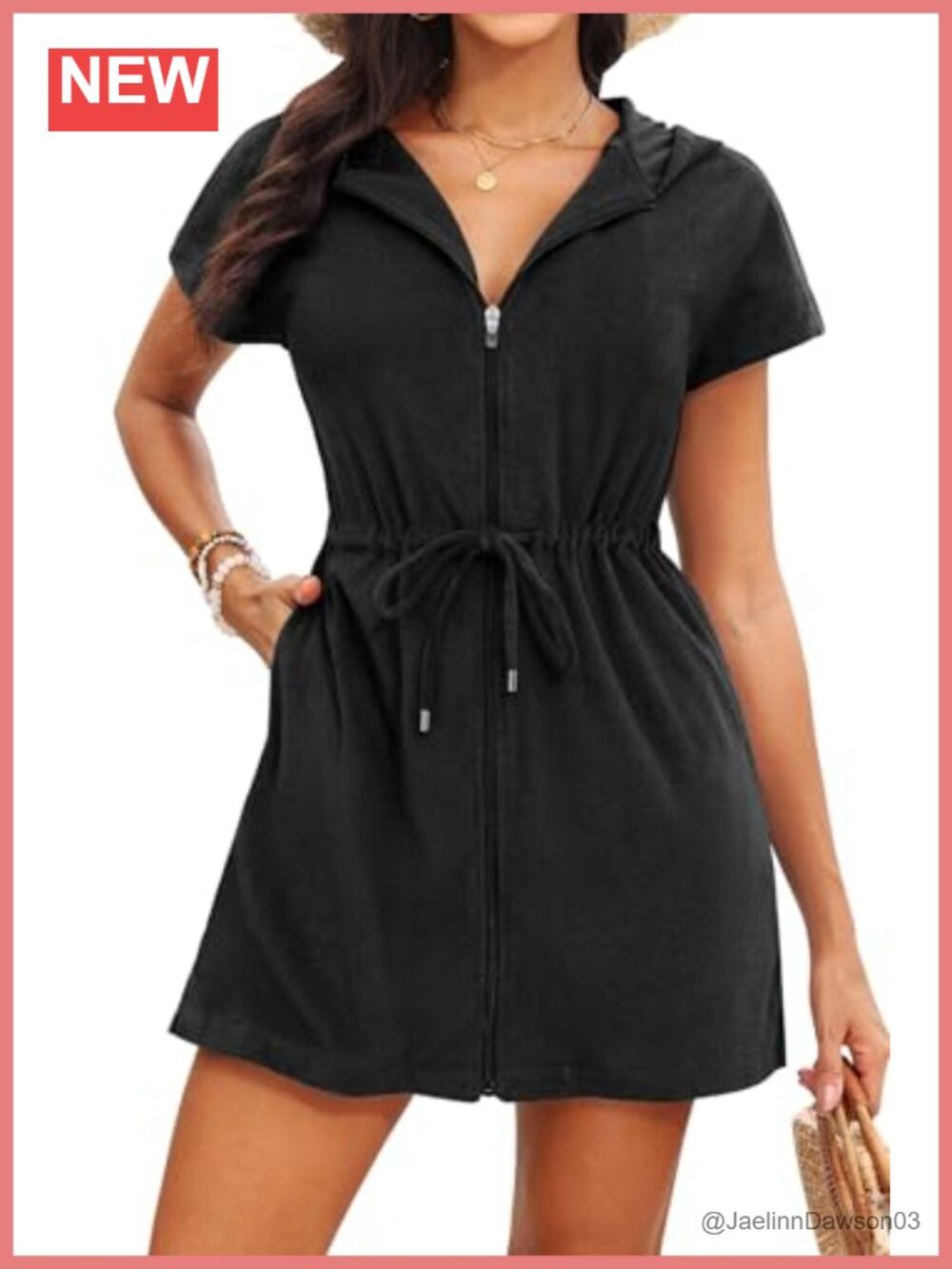 Womens Terry Cloth Hooded Swim Cover Up Zip Pocket Short Sleeve